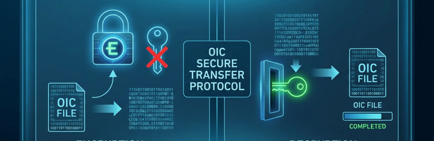 OIC SECURE TRANSFER PROTOCOL diagram showing ENCRYPTION of OIC FILE and DECRYPTION marked COMPLETED.